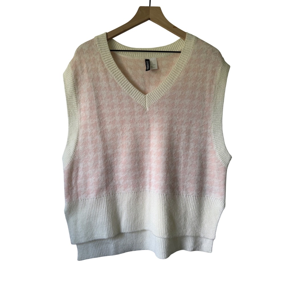 H&M Divided Sweater Vest Womens Large Pink Cream Excellent Houndstooth V-Neck